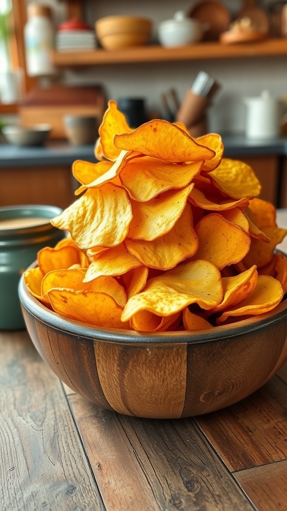 A bowl of crispy homemade potato chips on a wooden table with a dip.